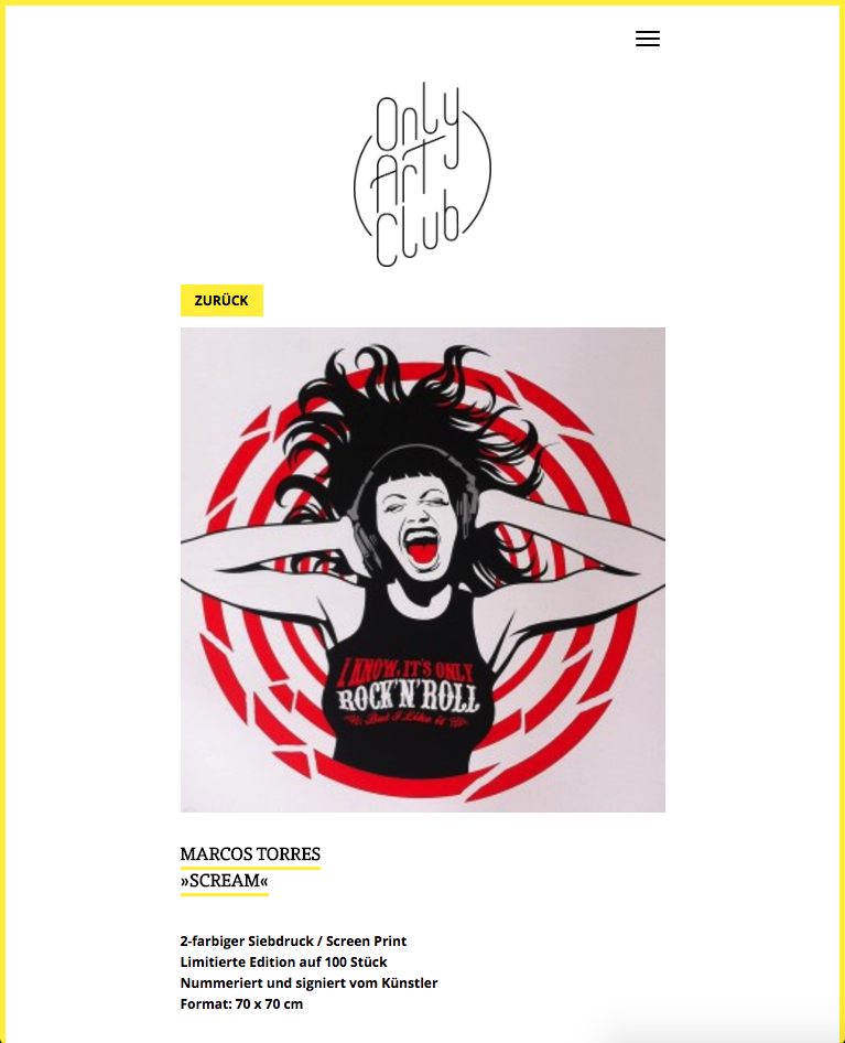 Website Design der Produktseite im Online Shop vom Only Art Club Hamburg
